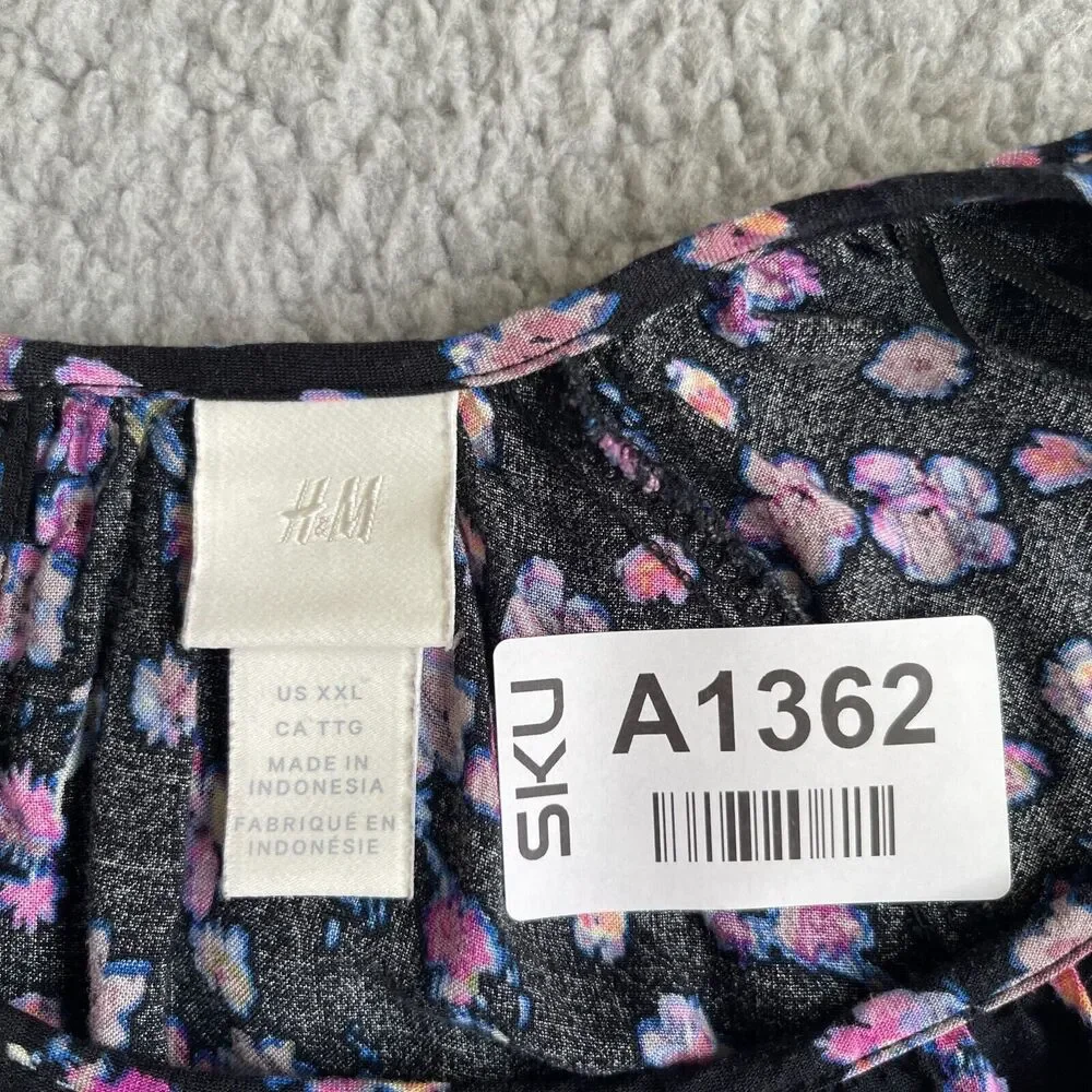 H&M Mini Dress Women Size XXL Black Floral Keyhole Viscose Half Puff Sleeve Boho - Picture 2 of 13